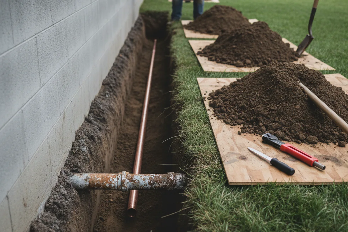 Excavated water line trench during Water Heater Repair in Pompey